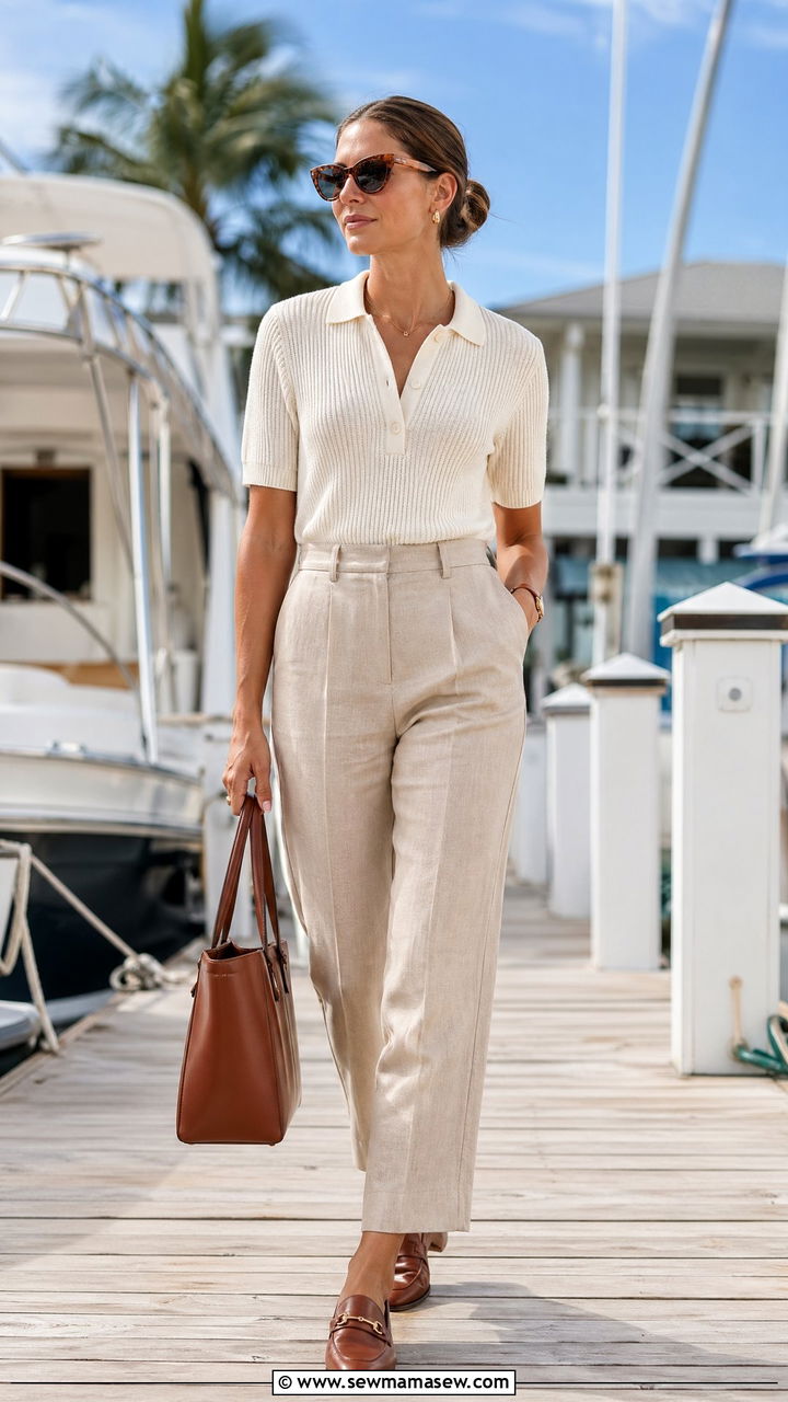 Cream Knit Polo Top With Tailored Linen Trousers - 35 summer memorial day outfit ideas