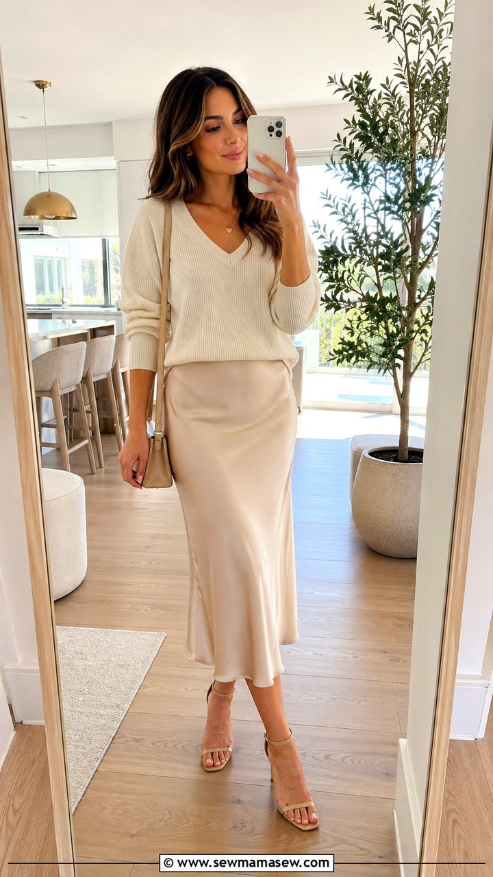 Cream Knit Sweater And Satin Midi Skirt - 30 Spring capsule wardrobe minimalist