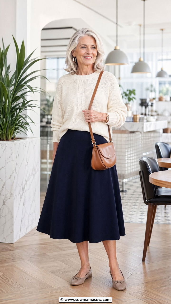 Cream Knit Sweater With a Navy A Line Midi Skirt - 35 Skirt outfit ideas for women over 60