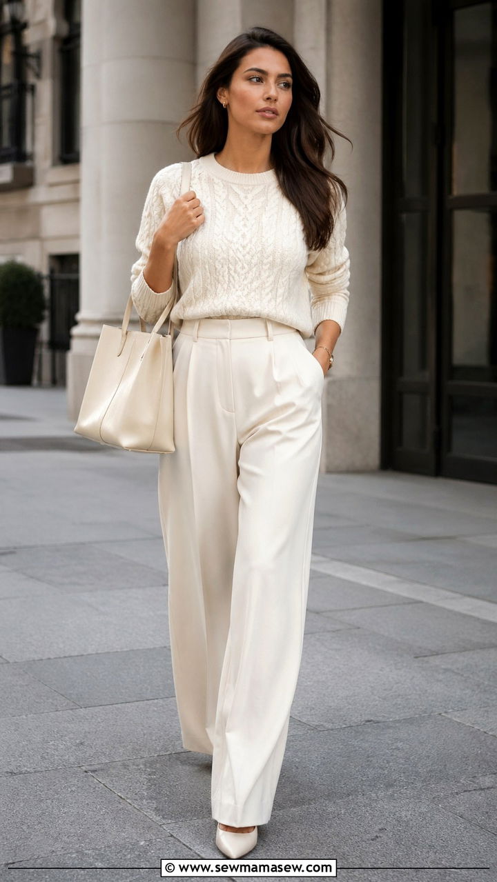 Cream Knit Sweater and Wide Leg Trousers - 40 All cream outfit ideas