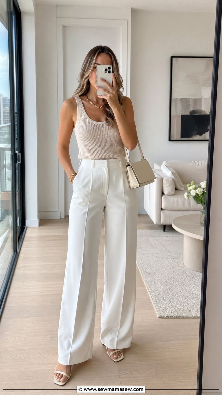 Cream Knit Tank With Tailored White Trousers - 35 Clean girl outfits 2026