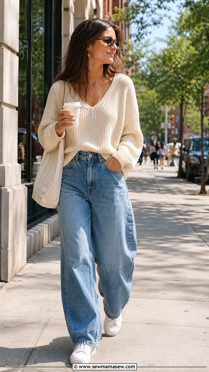 Cream Knit Top With Barrel Leg Jeans And Sneakers - 35 spring feminine outfit ideas