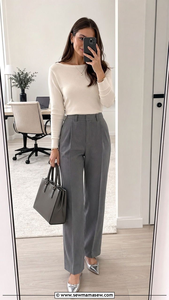 Cream Knit Top With Tailored Gray Trousers And Silver Jewelry - 35 Elevated work outfit ideas