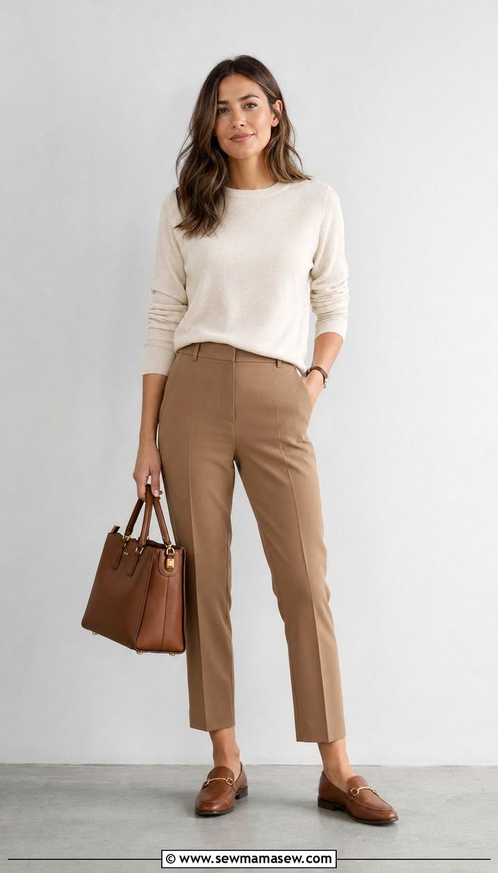 Cream Knit Top With Tailored Trousers And Loafers - 35 quiet luxury outfits
