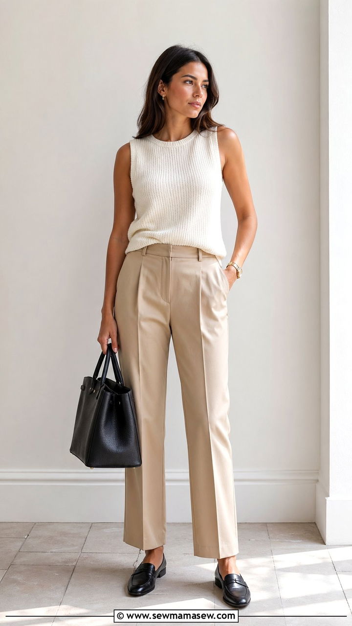 Cream Knit Top With Tailored Trousers and Loafers - 35 Quiet luxury outfit ideas summer 2026
