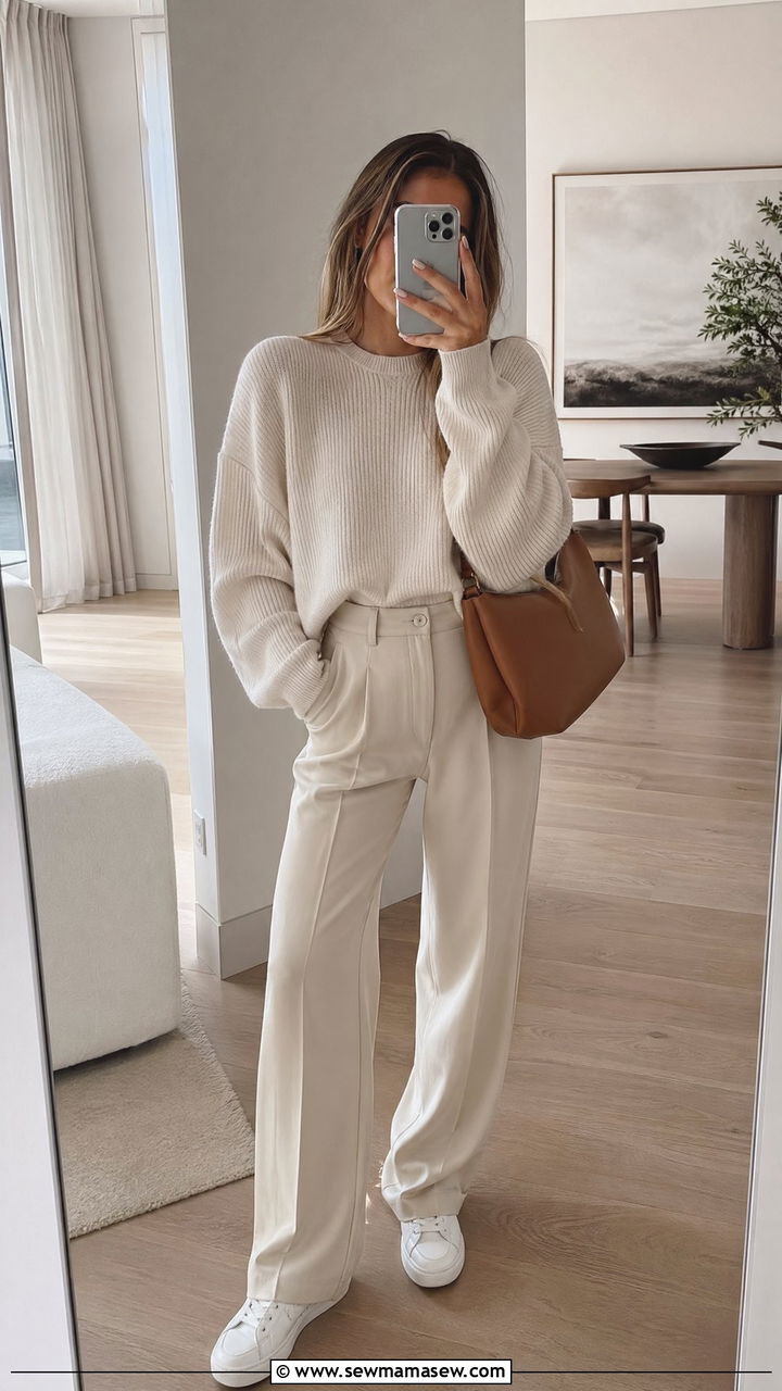 Cream Knit Top and Trousers Outfit Spring - 35 spring minimalist outfits