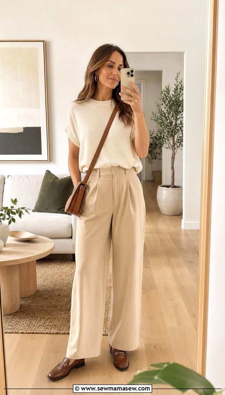 Cream Knit Top with Wide Leg Trousers and Loafers - 35 outfit ideas for women over 30