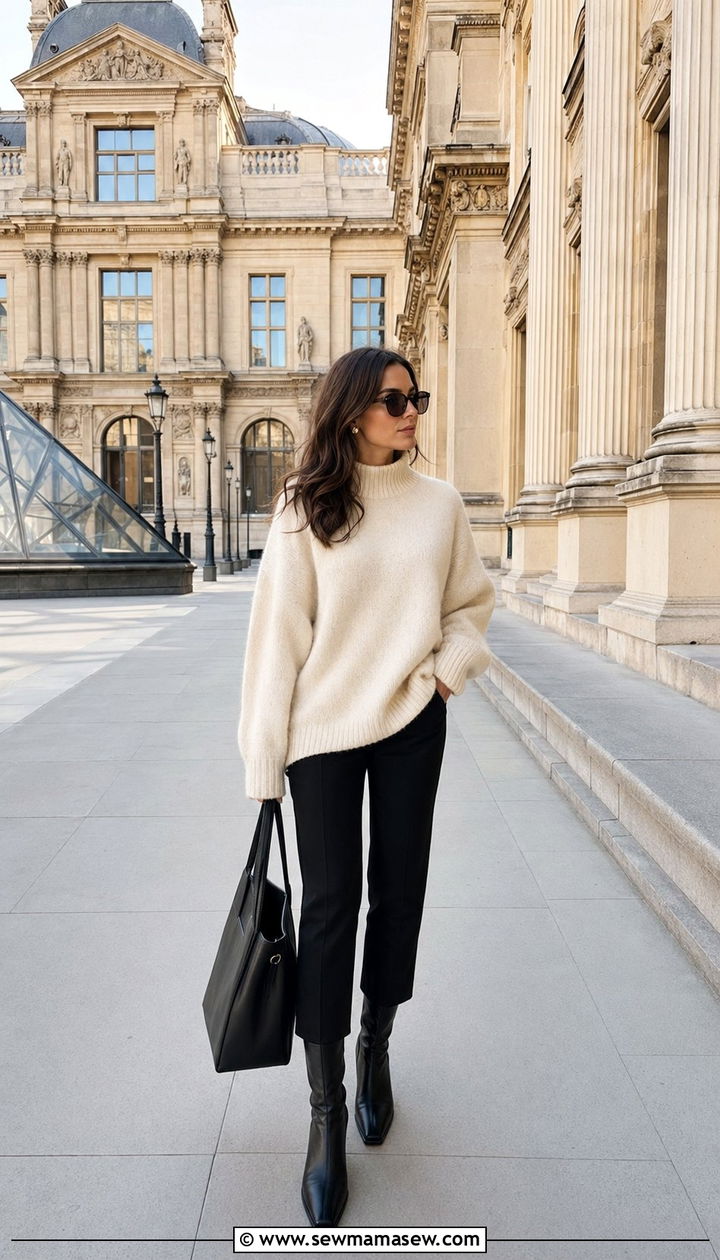 Cream Knit and Structured Black Trousers - 35 modest classy outfits