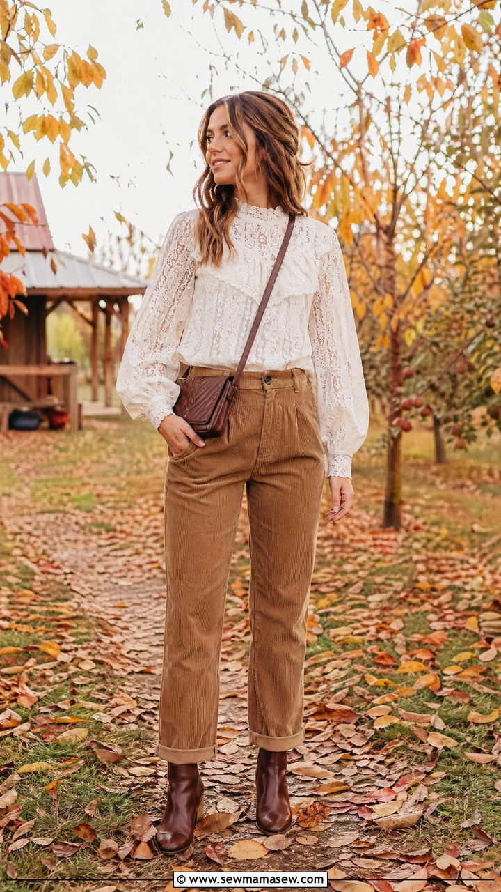 Cream Lace Blouse With High Waisted Corduroys And Ankle Boots - 35 Cottagecore outfit ideas