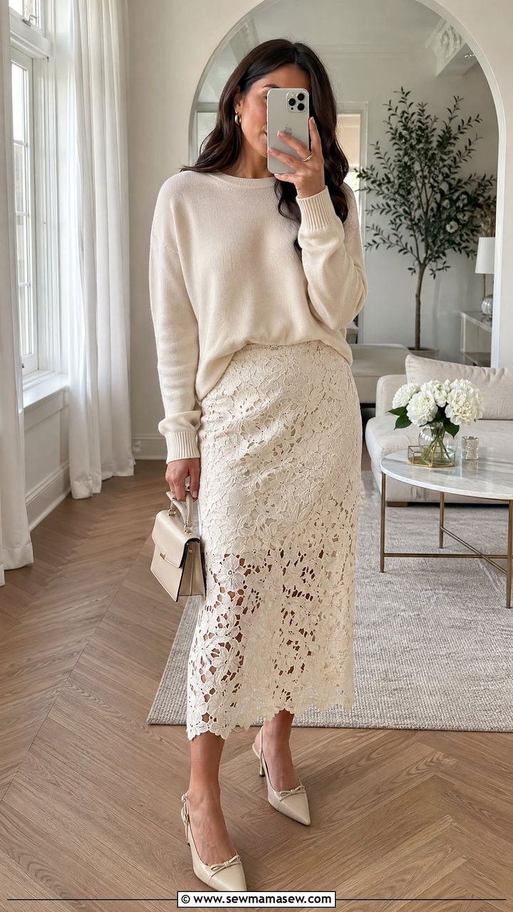 Cream Lace Skirt and Sweater Spring Outfit - 35 spring cream outfit ideas