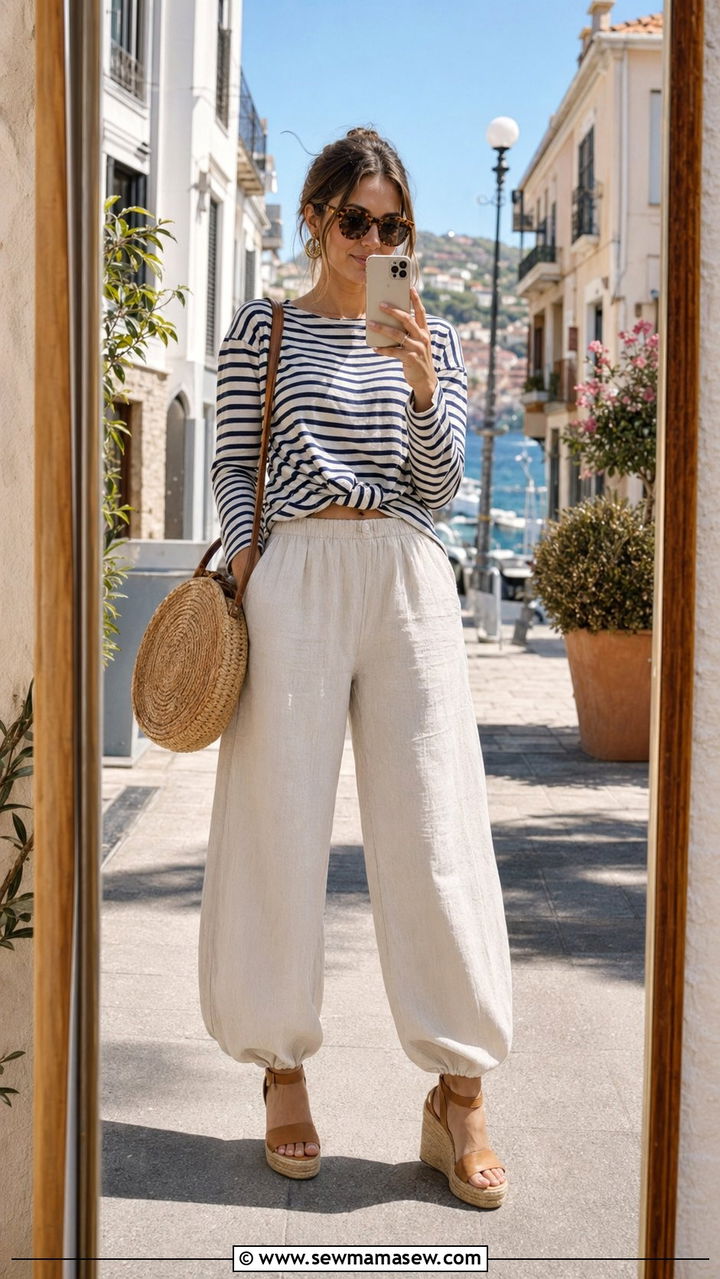 Cream Linen Balloon Pants With Breton Stripe Top - 30 balloon pants outfits