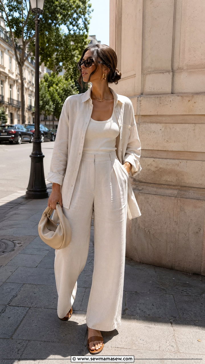 Cream Linen Button Down Shirt With Wide Leg Trousers - 35 summer cream outfit ideas