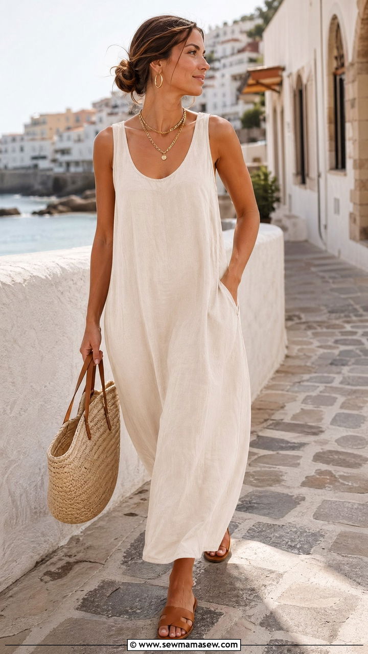 Cream Linen Maxi Dress With Gold Accessories - 35 summer cream outfit ideas