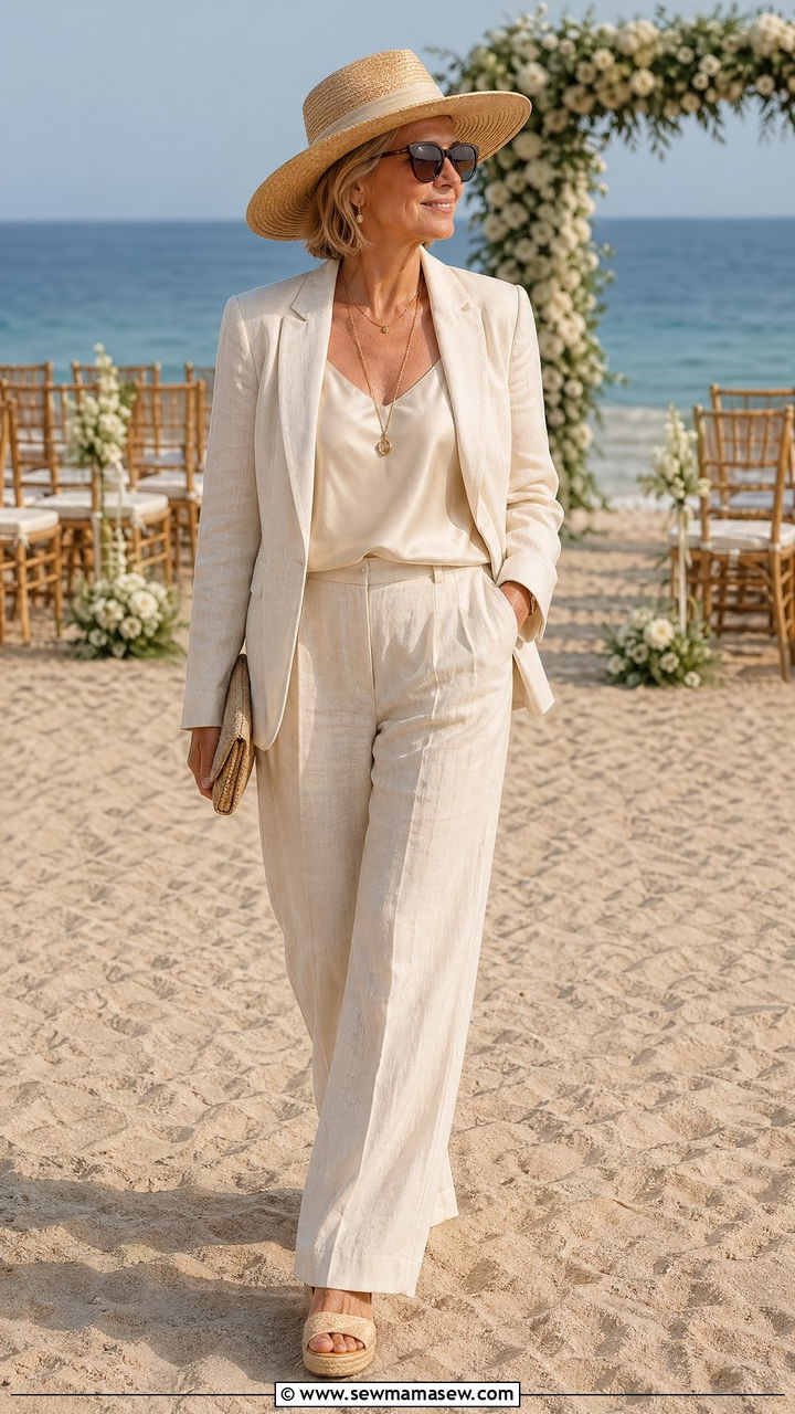 Cream Linen Trouser Suit for Beach Wedding - 35 Wedding guest outfits for women over 50