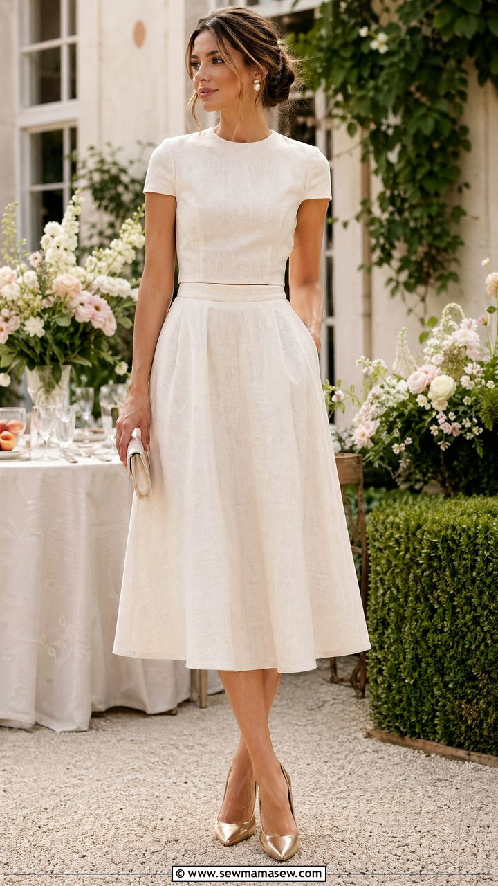 Cream Linen Two Piece Set With Gold Pointed Toe Pumps - 40 summer quiet luxury outfits
