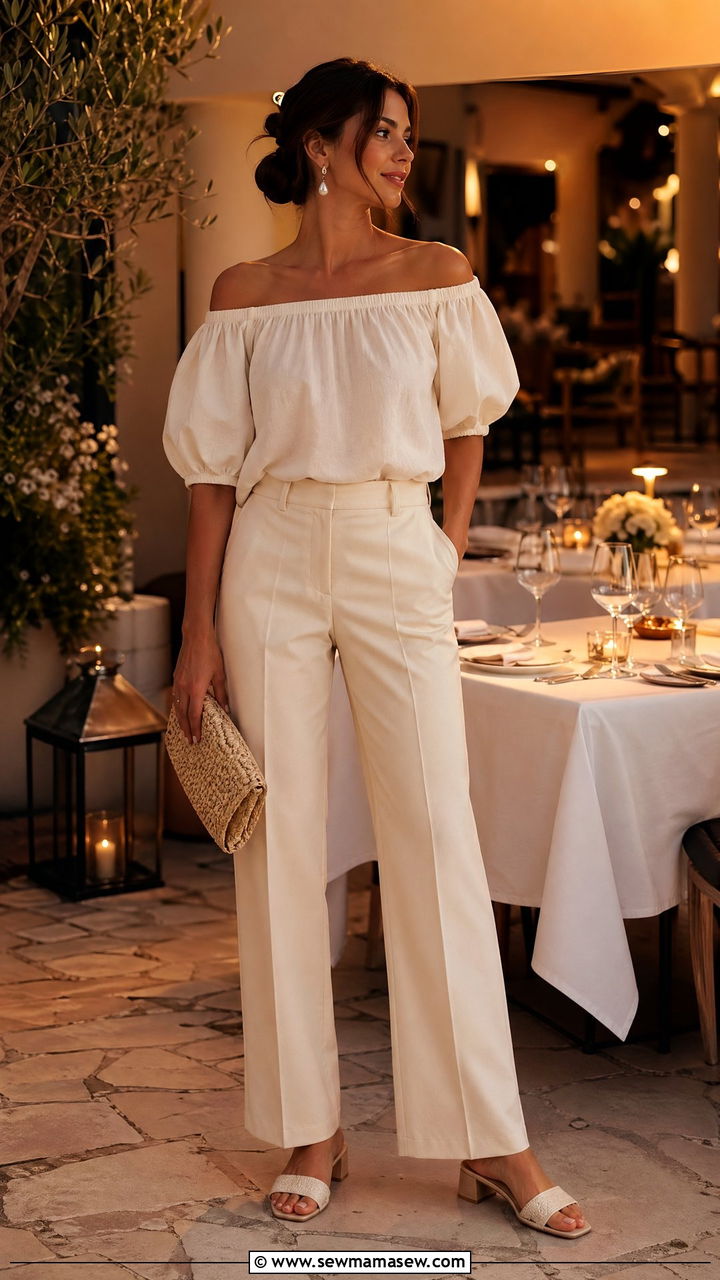 Cream Off Shoulder Top With Tailored Trousers - 35 summer cream outfit ideas