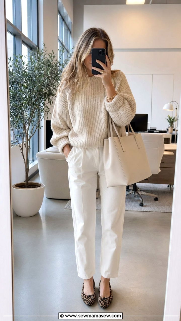 Cream Oversized Sweater with White Trousers and Leopard Flats - 35 Paris outfits ideas