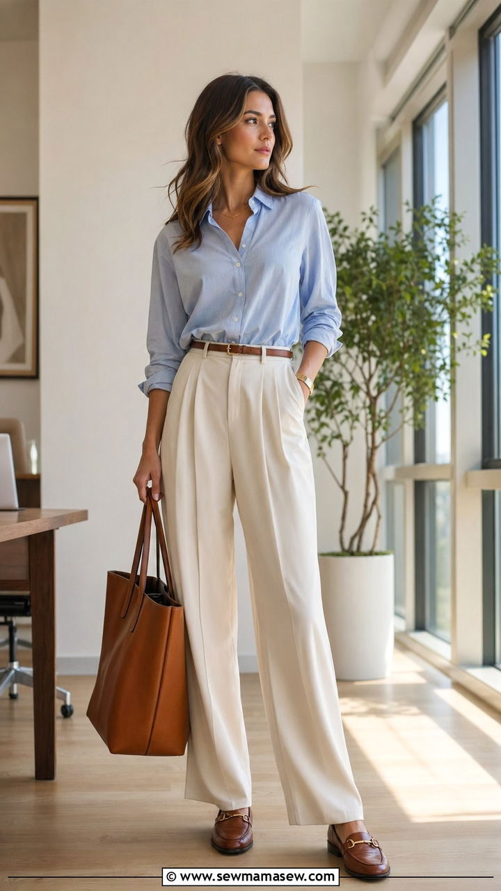 Cream Pleated Wide Leg Trousers With a Button Down Shirt and Loafers - 30 Wide leg trousers outfit ideas for summer