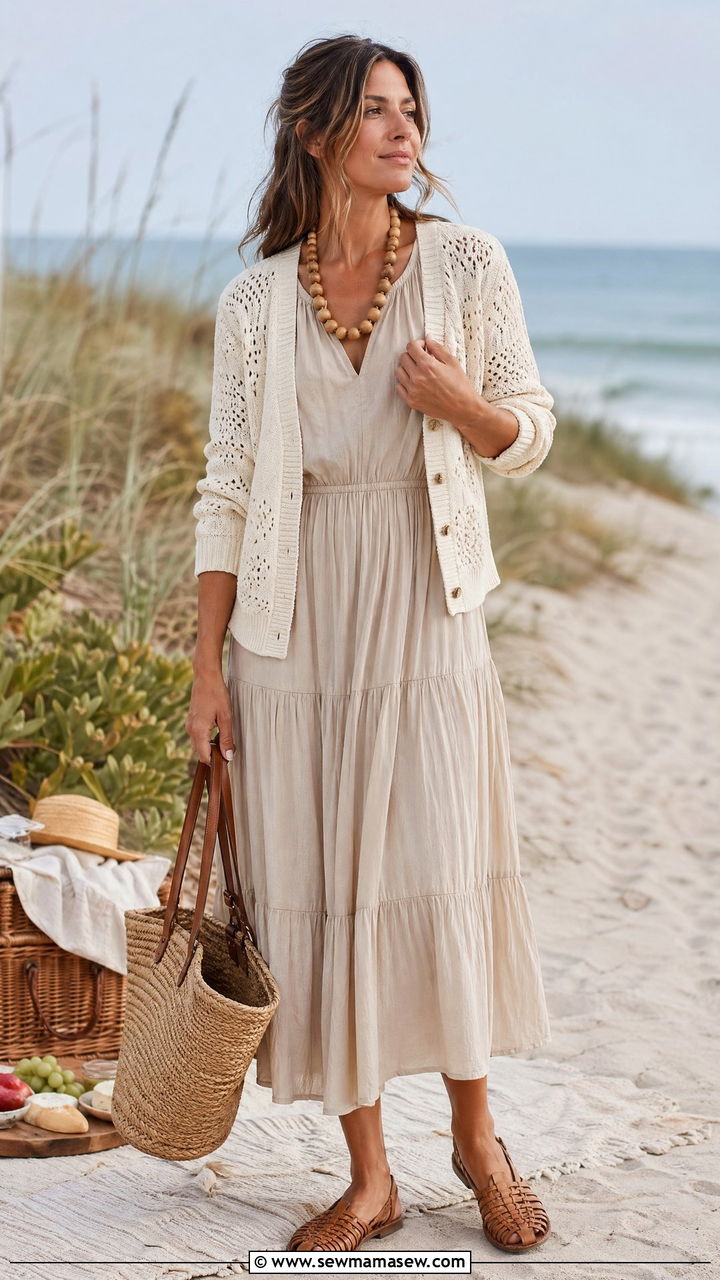 Cream Pointelle Cardigan and Flowy Beige Midi Dress - 35 coastal grandmother outfits for women