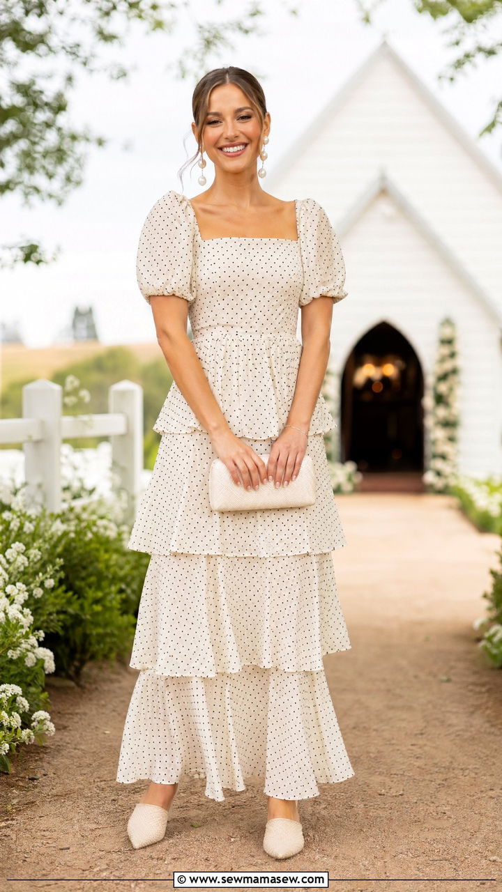 Cream Polka Dot Tiered Maxi Dress with Pearl Drop Earrings - 35 spring wedding guest outfit ideas for women