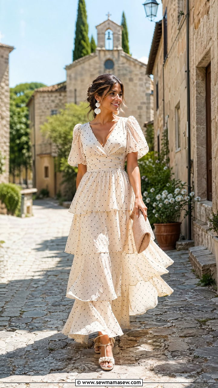 Cream Polka Dot Tiered Maxi Dress with Statement Earrings - 35 chic wedding guest outfits for women