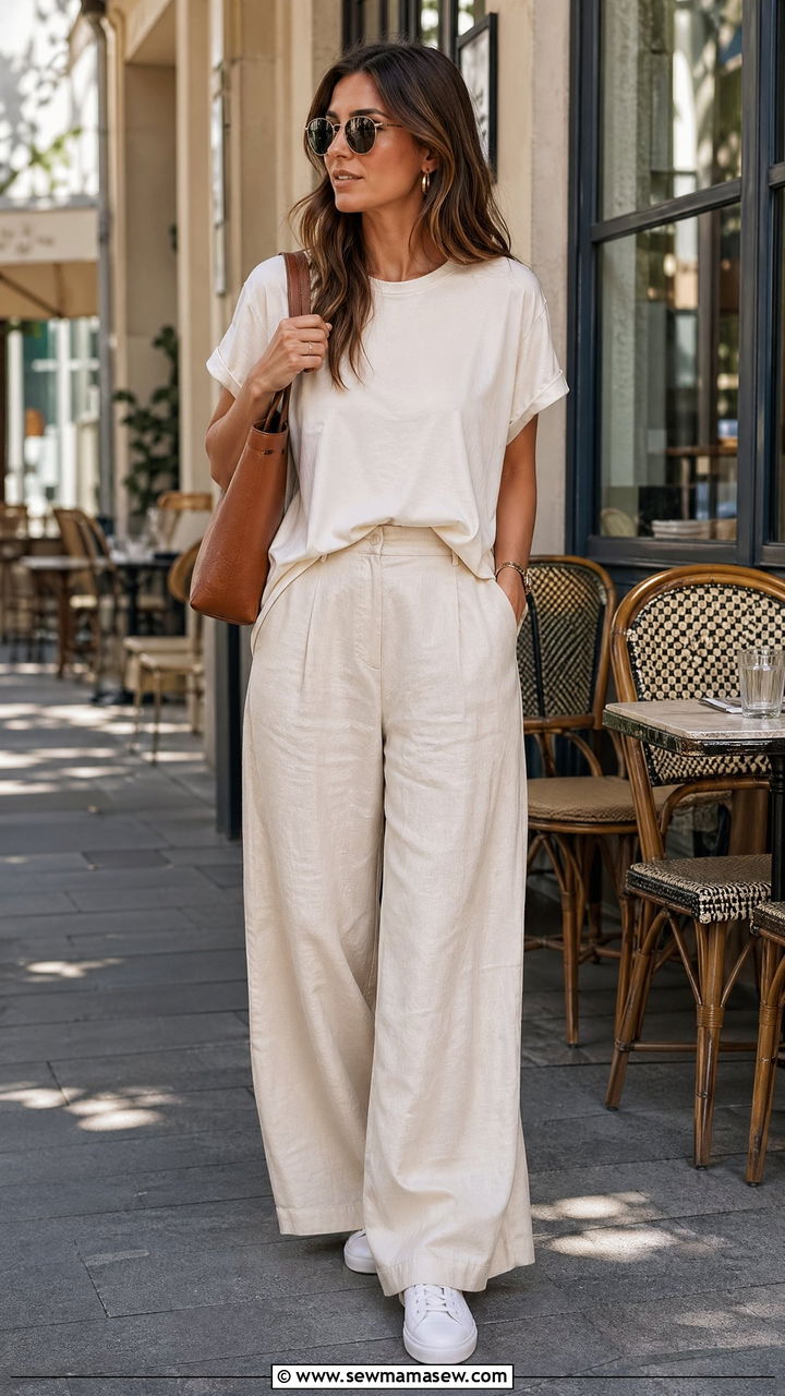 Cream Relaxed T Shirt With Wide Leg Linen Pants - 35 summer cream outfit ideas