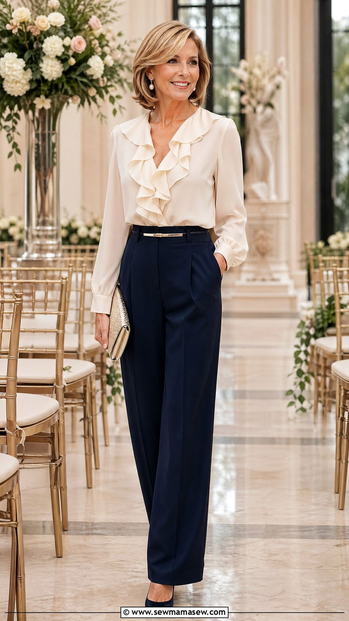 Cream Ruffle Blouse with Navy Wide Leg Pants - 35 Wedding guest outfits for women over 50