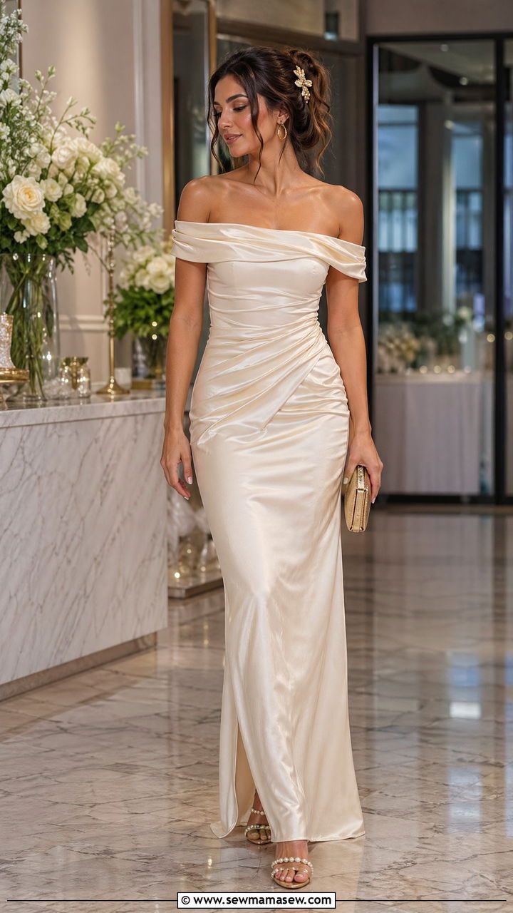 Cream Satin Maxi Dress Spring Shower Outfit - 35 spring baby shower outfit ideas