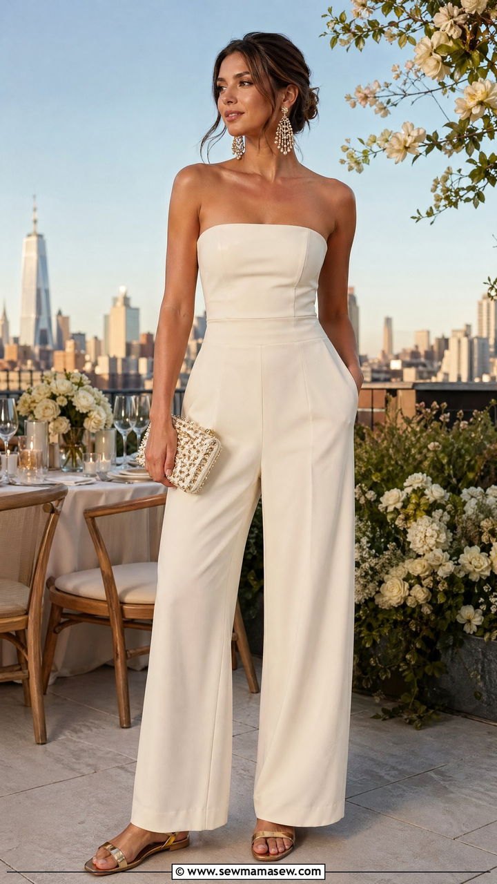 Cream Strapless Jumpsuit With Metallic Sandals - 35 summer cream outfit ideas