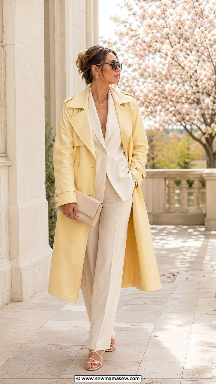Cream Suit With Pastel Leather Trench Coat - 35 spring quiet luxury outfit ideas