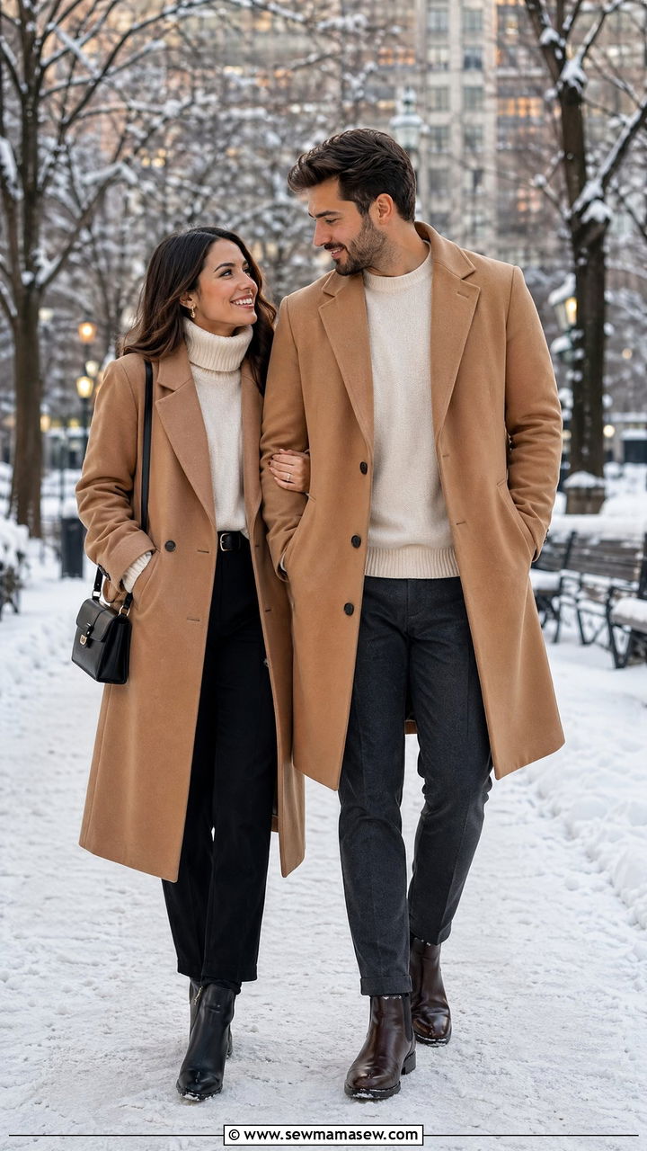 Cream Sweater and Camel Coat Winter Couple Outfit - 35 Couples photoshoot outfit ideas