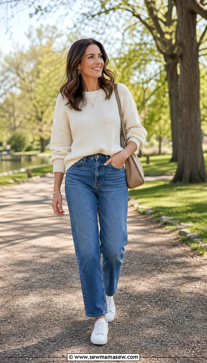 Cream Sweater and Straight Leg Jeans Spring Capsule Outfit - 30 10 piece spring capsule wardrobe