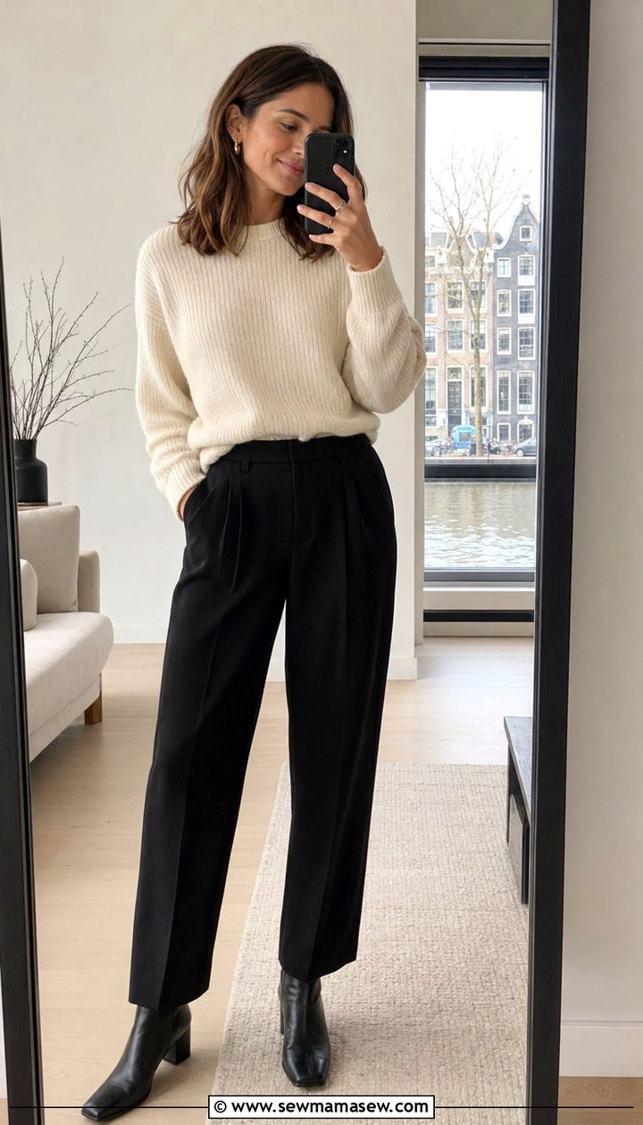 Cream Sweater and Tailored Pants Amsterdam - 30 Amsterdam outfit ideas