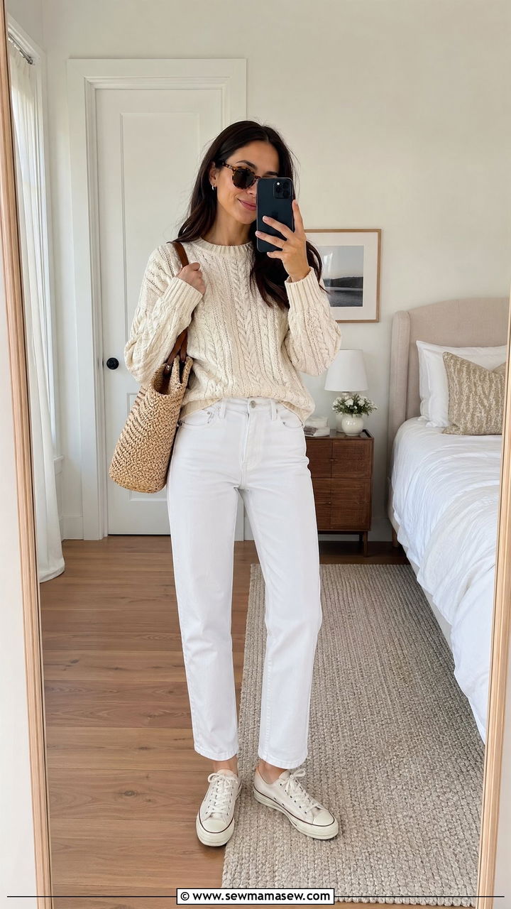 Cream Sweater and White Jeans Spring Outfit - 35 spring cream outfit ideas