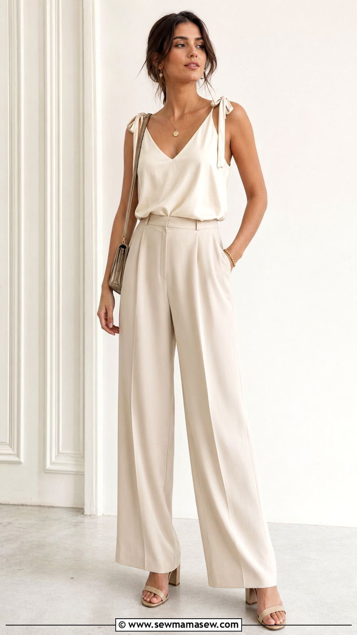Cream Tie Shoulder Top With Fluid Wide Leg Trousers - 35 Parisian outfits 2026