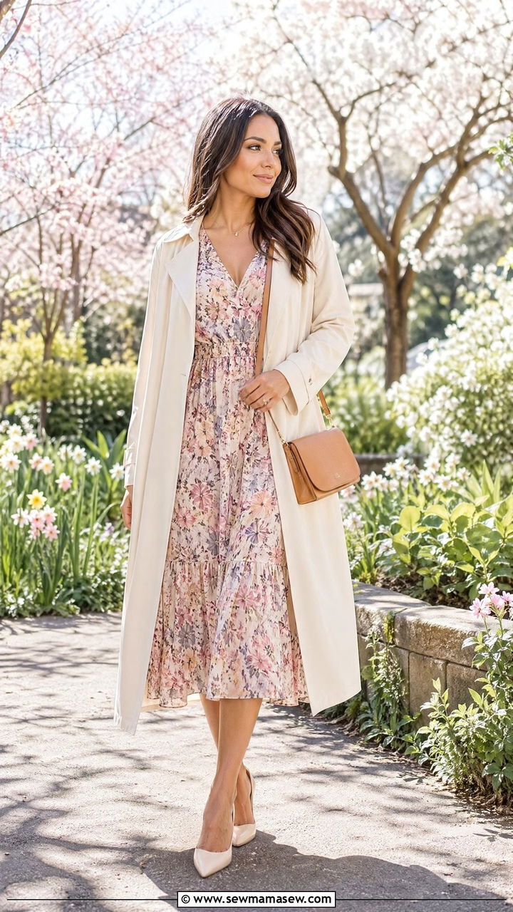Cream Trench Coat Over Dress Spring Outfit - 35 spring cream outfit ideas