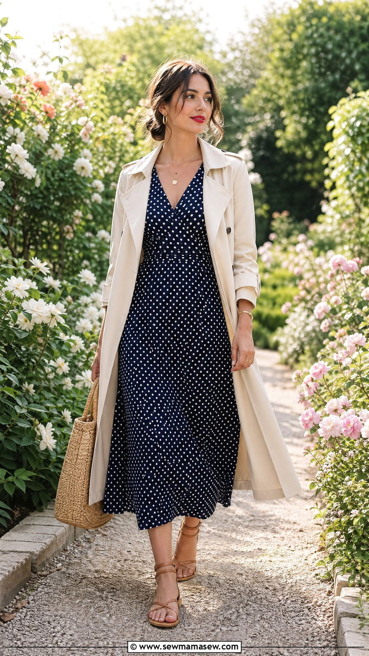 Cream Trench Coat With Polka Dot Midi Dress And Strappy Sandals - 35 spring parisian outfit ideas