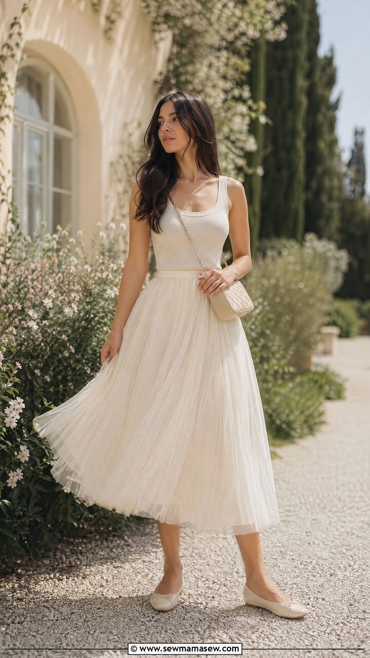 Cream Tulle Midi Skirt With a Simple Tank - 35 summer cream outfit ideas
