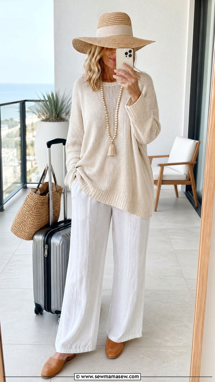 Cream Tunic Sweater and White Wide Leg Linen Pants - 35 coastal grandmother outfits for women