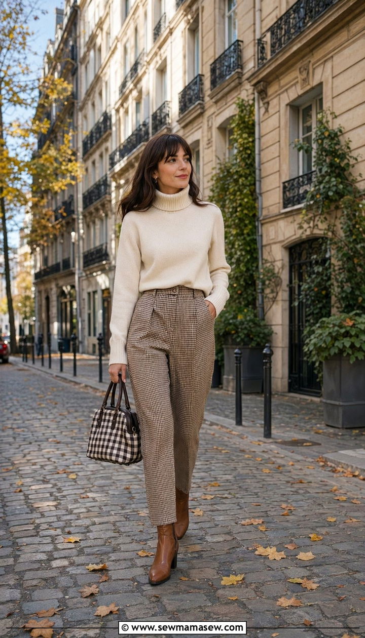 Cream Turtleneck with Check Trousers and Gingham Handbag - 35 Paris outfits ideas