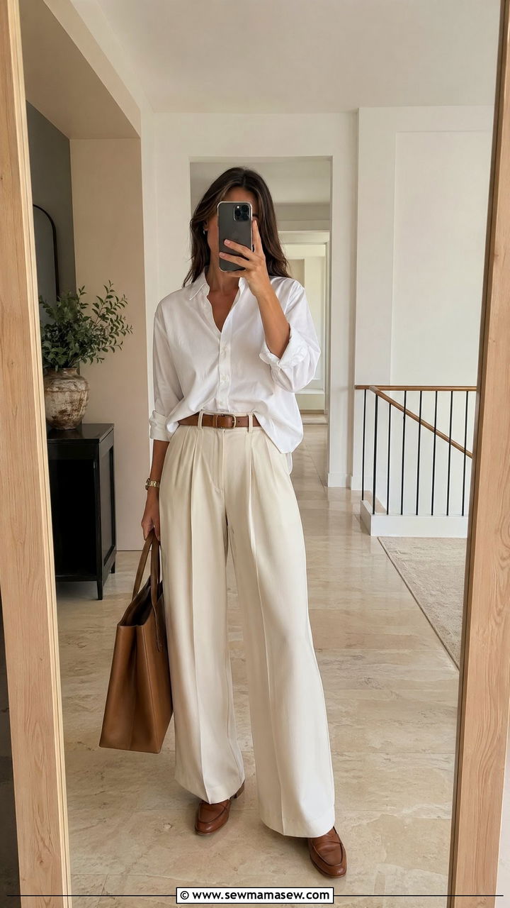 Cream Wide Leg Trousers With Crisp White Shirt And Leather Belt - 35 spring old money outfits
