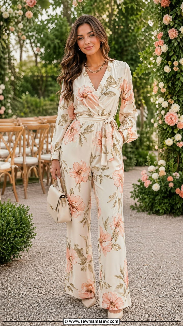 Cream Wrap Jumpsuit With Peach Floral Print - 35 wedding guest outfit ideas for women