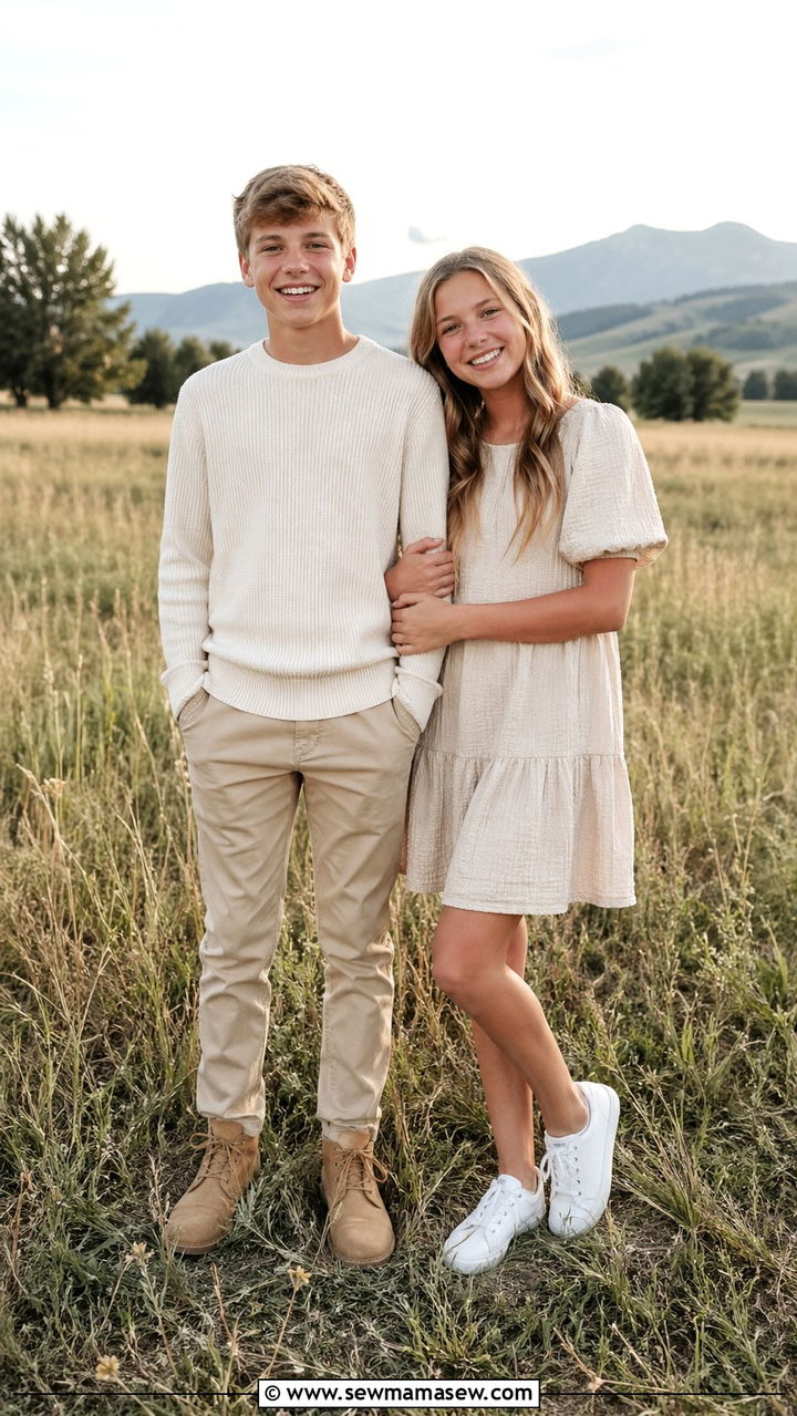 Cream and Beige Neutral Sibling Outfits - 30 Sibling photoshoot outfit ideas