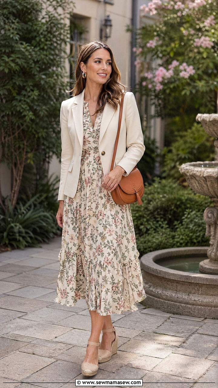 Cream blazer with a floral midi dress and wedge espadrilles - 35 Consultant outfit ideas