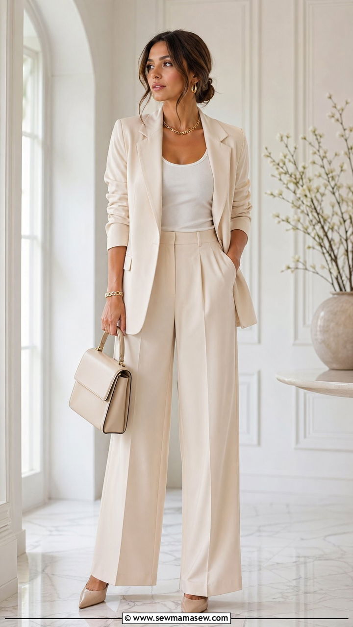Cream blazer with wide leg trousers - 35 chic outfit ideas for women