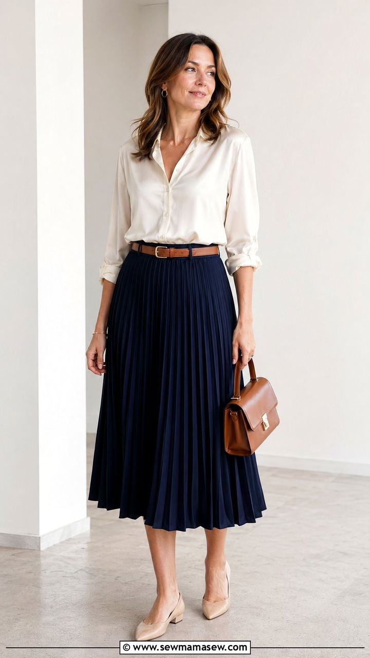 Cream blouse with navy pleated midi skirt - 30 work outfits for women over 30