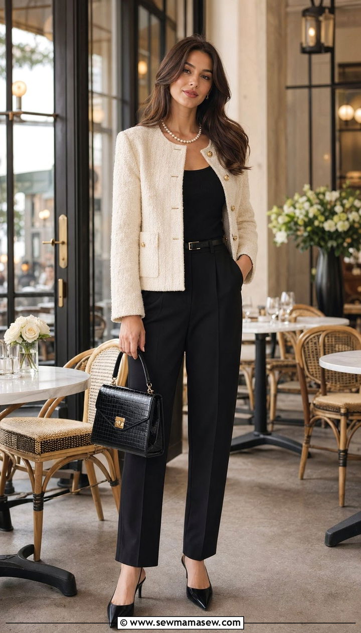 Cream boucle jacket and black tailored pants - 35 quiet luxury outfits for women
