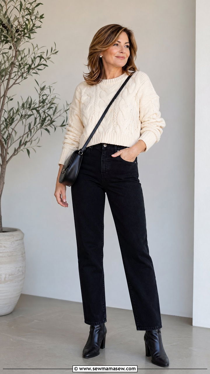 Cream cable knit sweater with black straight jeans outfit - 35 Clean girl outfits for women over 40