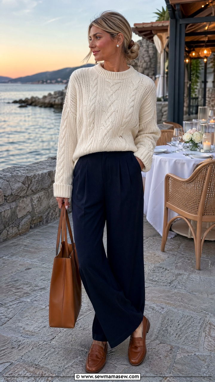 Cream cable knit sweater with wide leg navy trousers - 35 Coastal grandmother outfit ideas