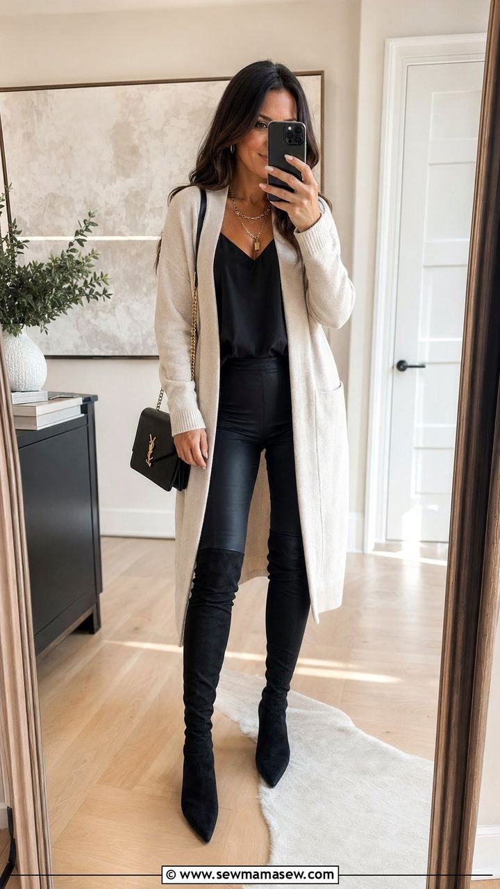 Cream cardigan with black leather leggings and boots - 35 quiet luxury outfits for women